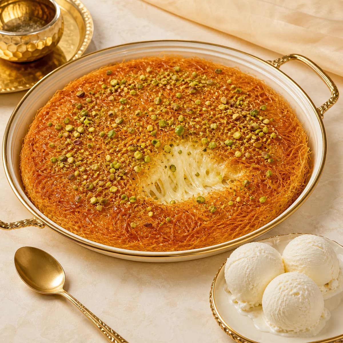 Family kunafa with three scoops of vanilla ice cream
