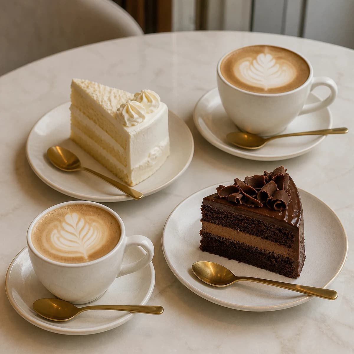 Two luxury cake slices with two coffee drinks